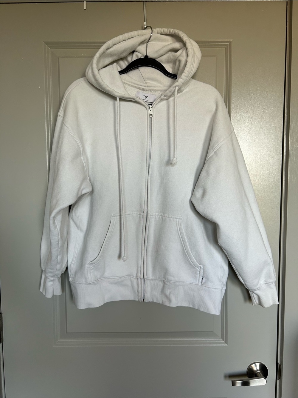 TNA White Oversized Zip Hoodie with Hood and Drawstrings